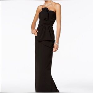 NWT ADRIANNA PAPELL BLACK KNIT CREPE BOW STRAPLESS COLUMN GOWN SIZE 2